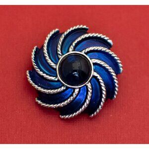Vintage Spiral Vortex Blue Floral Brooch - F34
